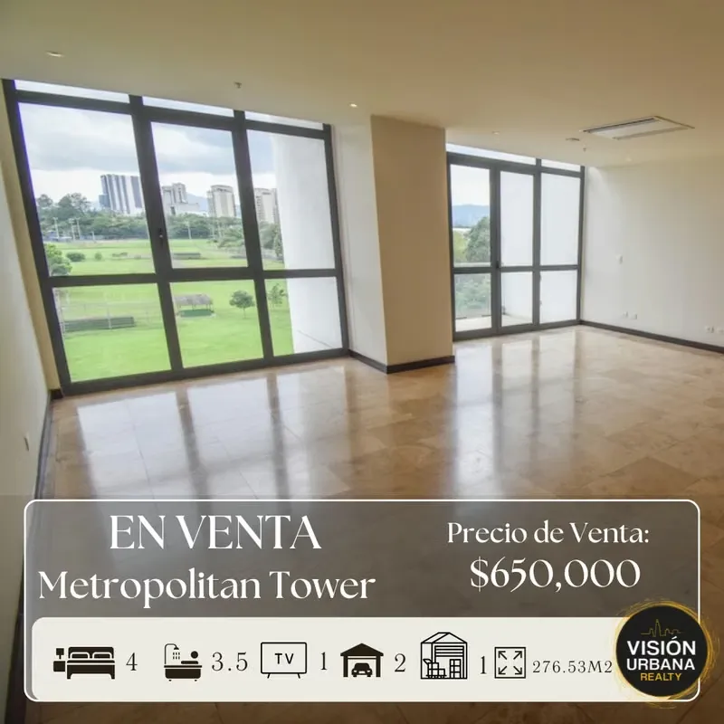 Apartment located in the exclusive Metropolitan Tower, directly across from La Sabana Metropolitan Park. It is on the 6th floor with park views and has 233.52 m² of living ...