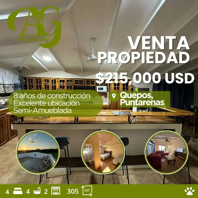 Descubra esta amplia y hermosa propiedad en venta en Quepos, Puntarenas, ubicada en una zona estratégica que combina tranquilidad, comodidad ...